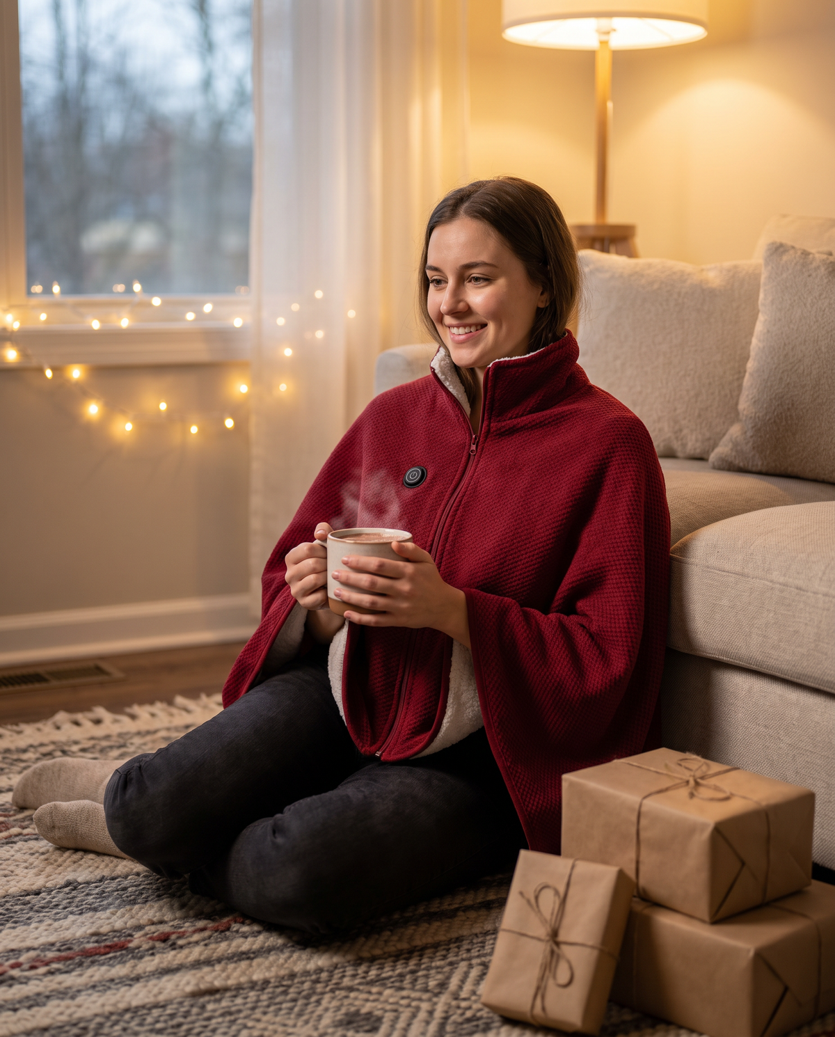 Woman sitting by the sofa in the cranberry red heated shawl holding a hot chocolate