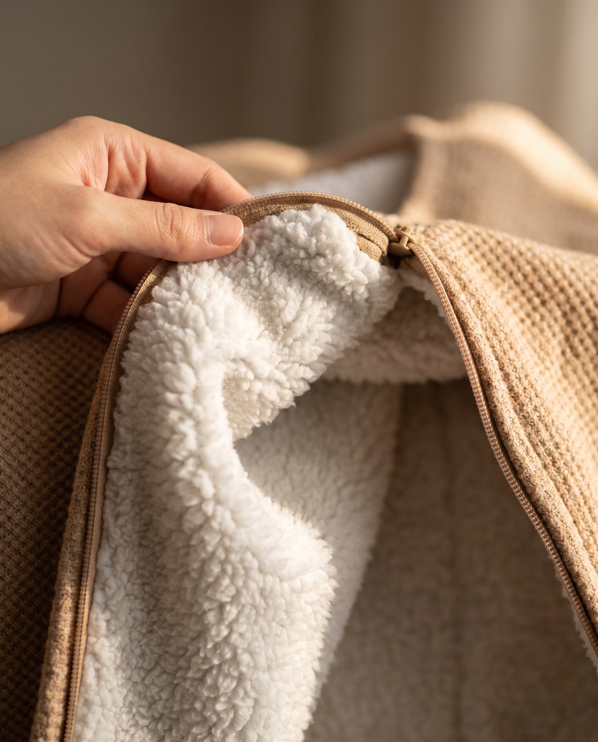 Hand folding back the heated shawl to show the soft white sherpa fleece lining