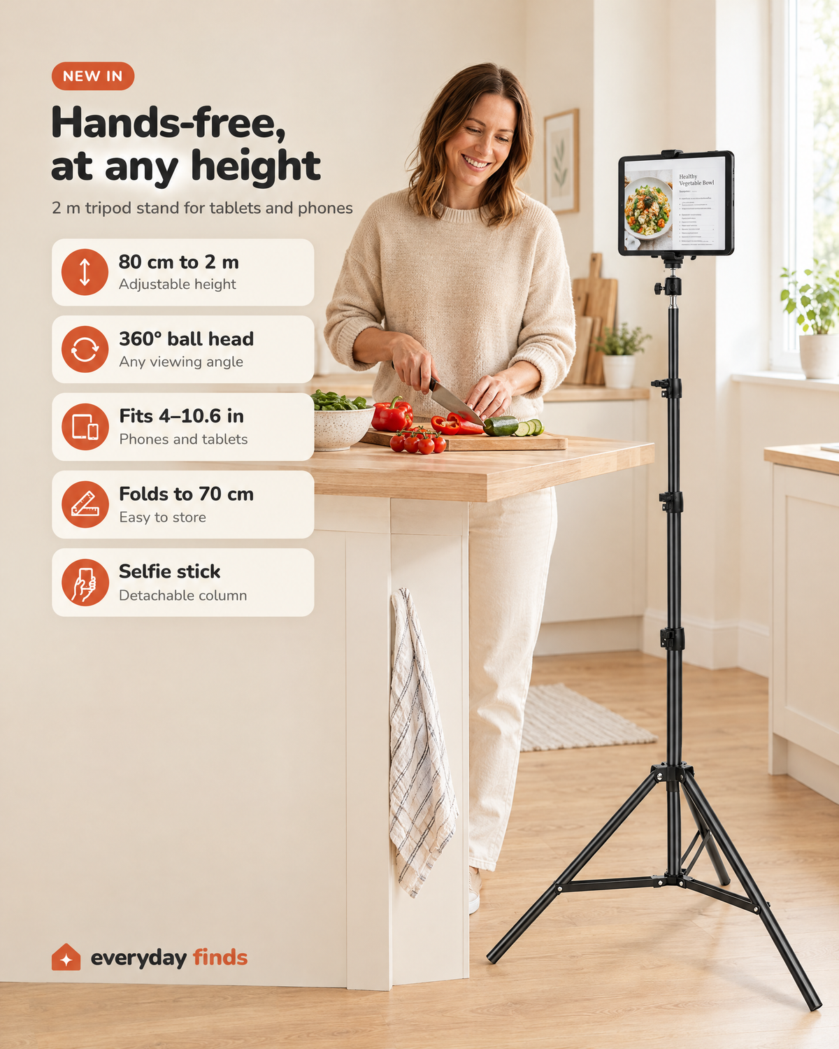 Woman cooking with a recipe on a tablet held by the 2 m tablet floor stand, with feature icons: 80 cm to 2 m, 360° ball head, fits 4–10.6 in