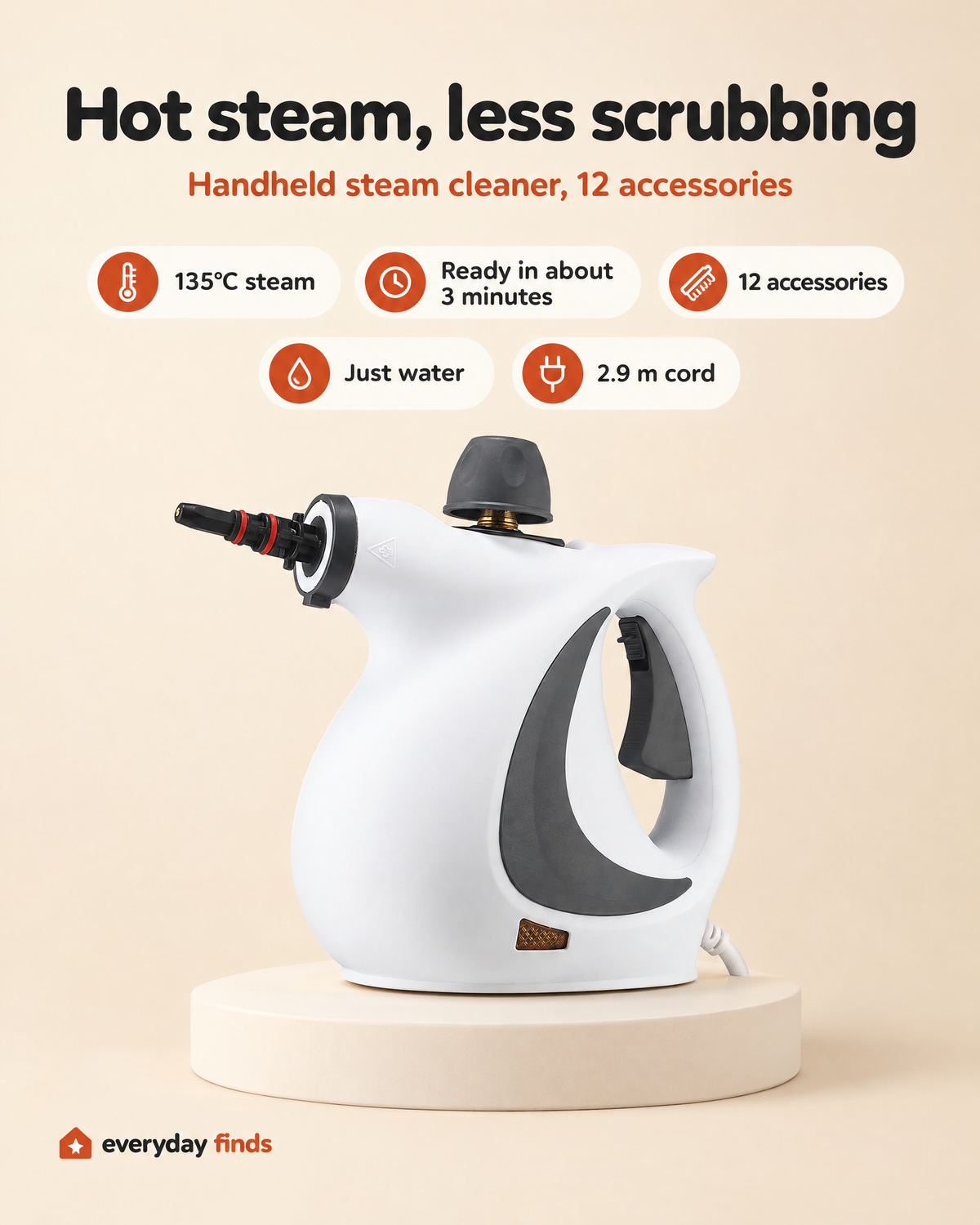 Handheld steam cleaner features: 135°C steam, ready in about 3 minutes, 12 accessories, just water, 2.9 m cord