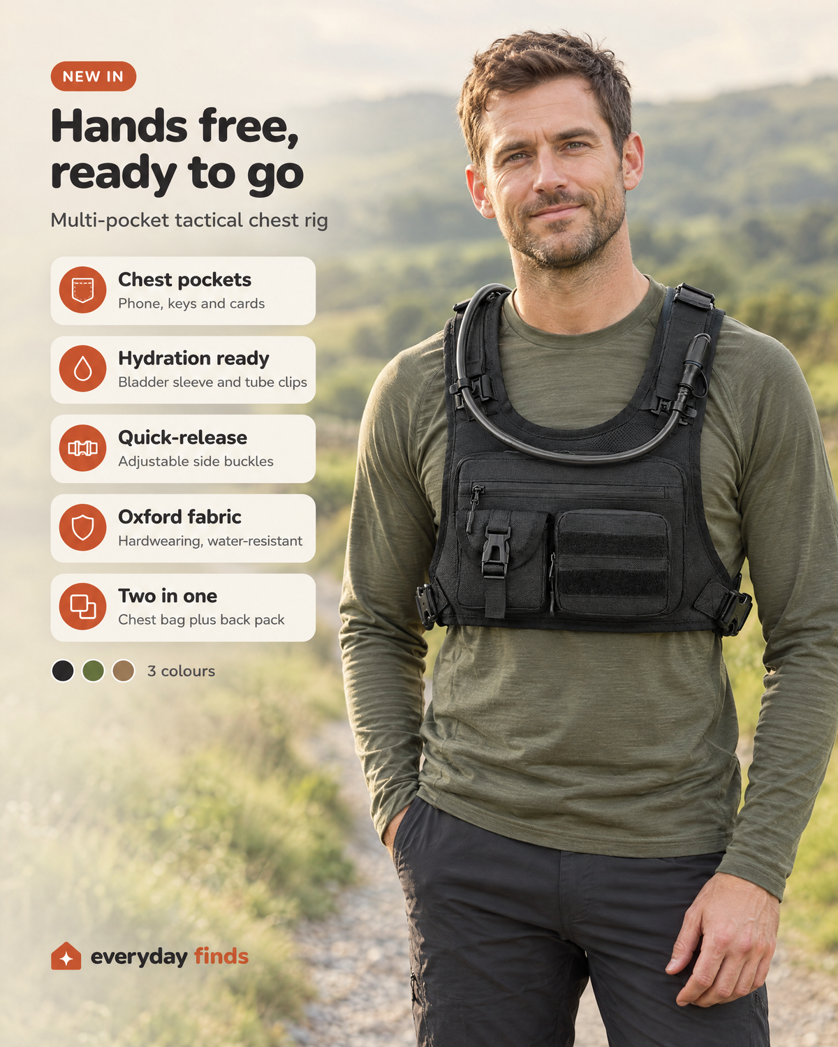 Man wearing the black tactical chest rig with drinking tube, with feature icons: chest pockets, hydration ready, quick-release, Oxford fabric