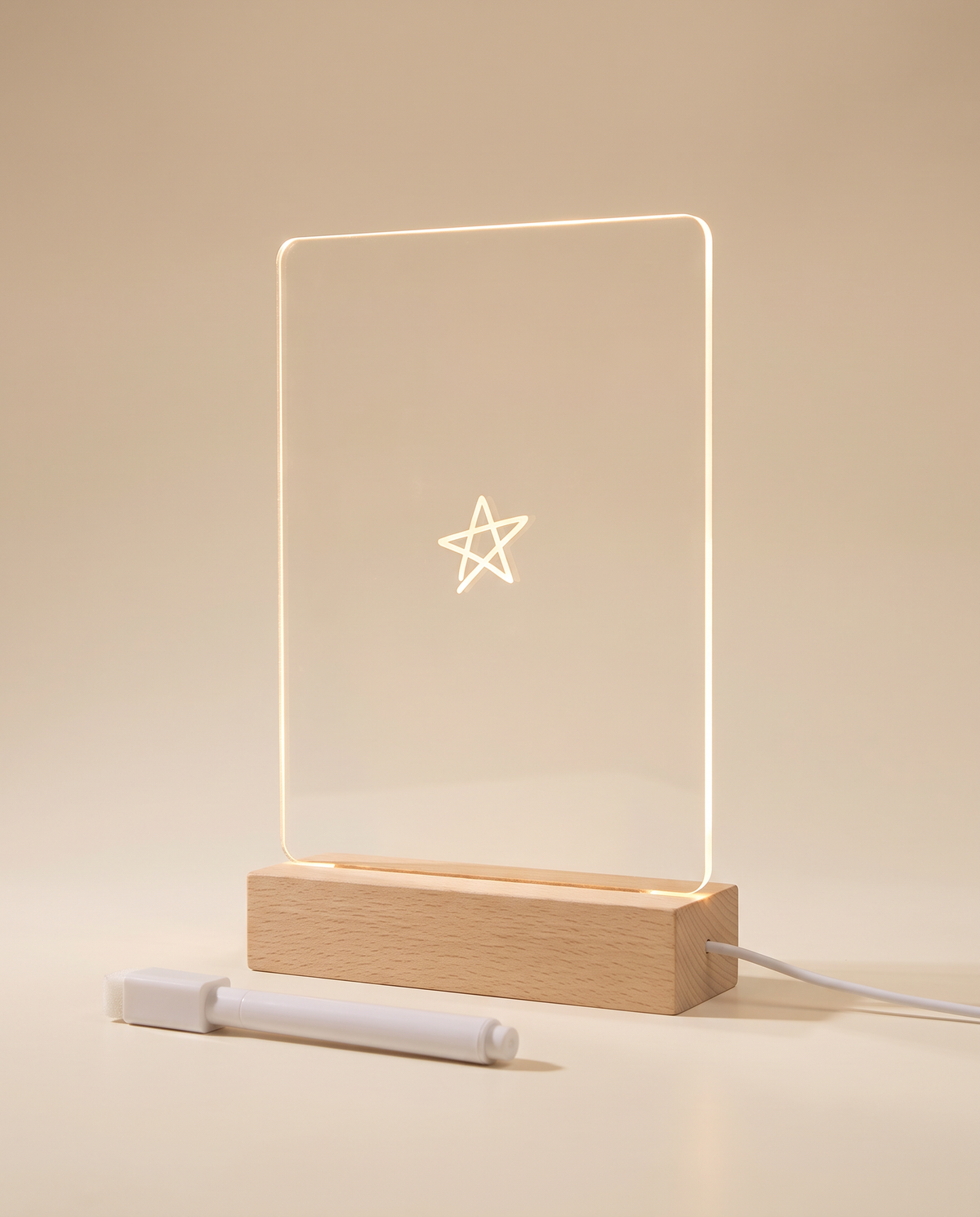 LED message board night light in tall portrait style with a glowing star doodle and white pen