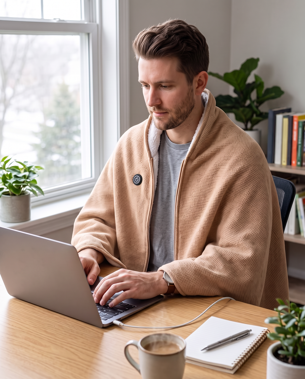 Man working at a laptop wearing the heated shawl, powered by a USB cable