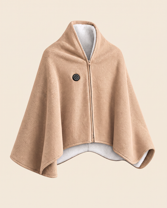 Wearable heated blanket shawl in oatmeal beige with zip front, power button and sherpa fleece lining