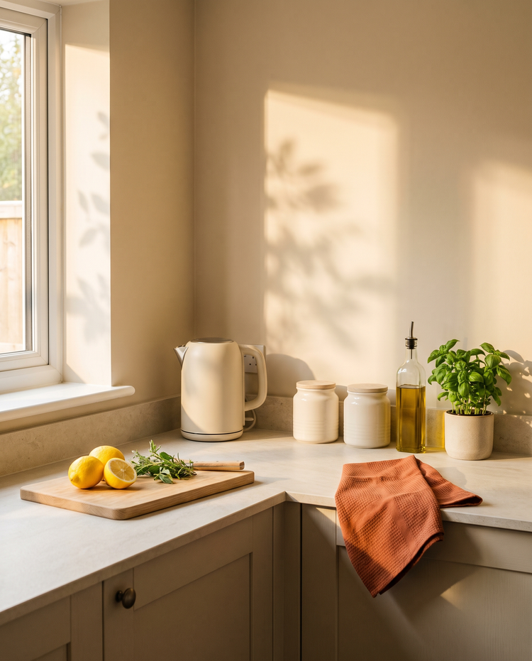 Sunlit kitchen worktop with a kettle, ceramic canisters, lemons and fresh herbs