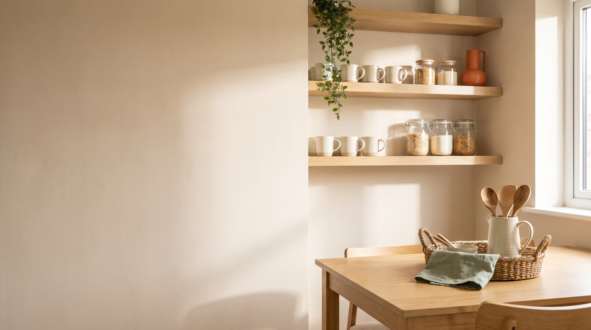 Bright, tidy kitchen shelves with ceramic mugs, jars and a basket of everyday home essentials