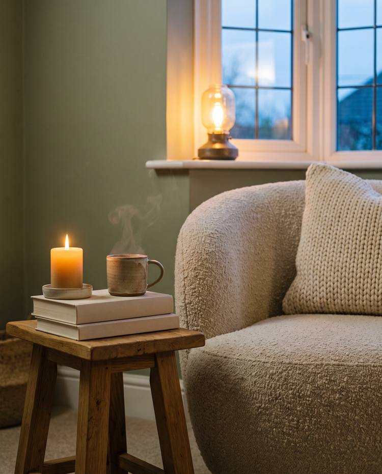 Cosy reading corner with a boucle armchair, candle and a steaming mug