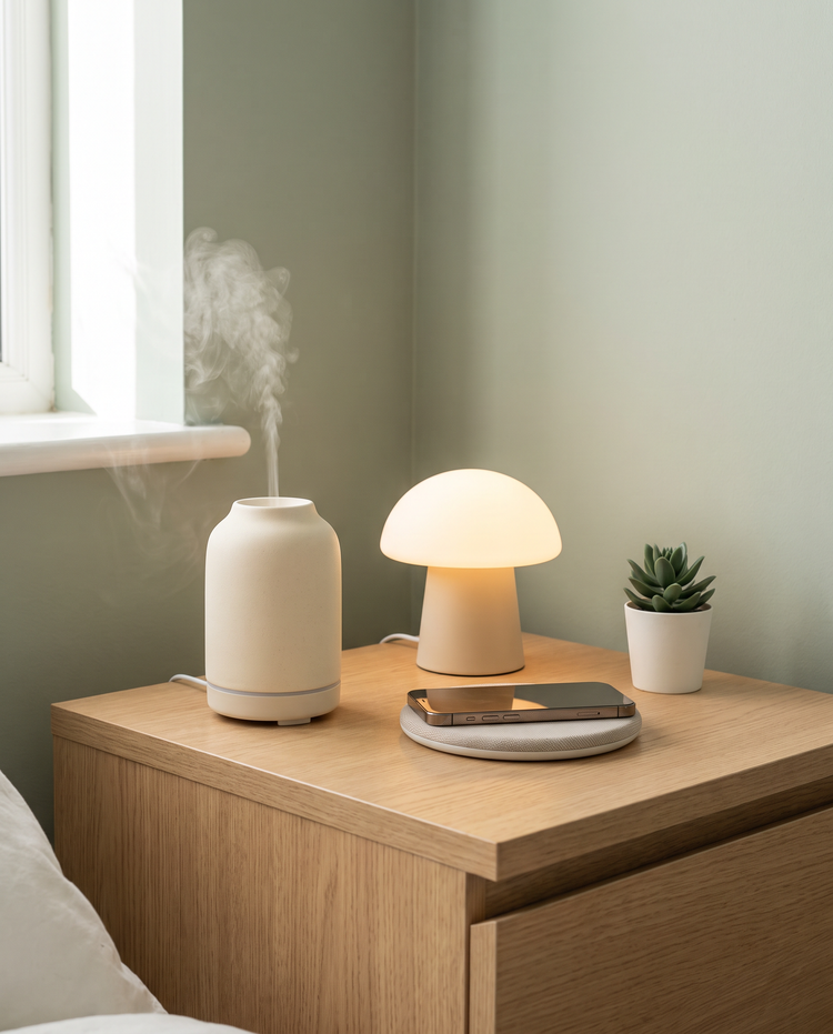 Bedside table with an aroma diffuser, cordless lamp and wireless charger