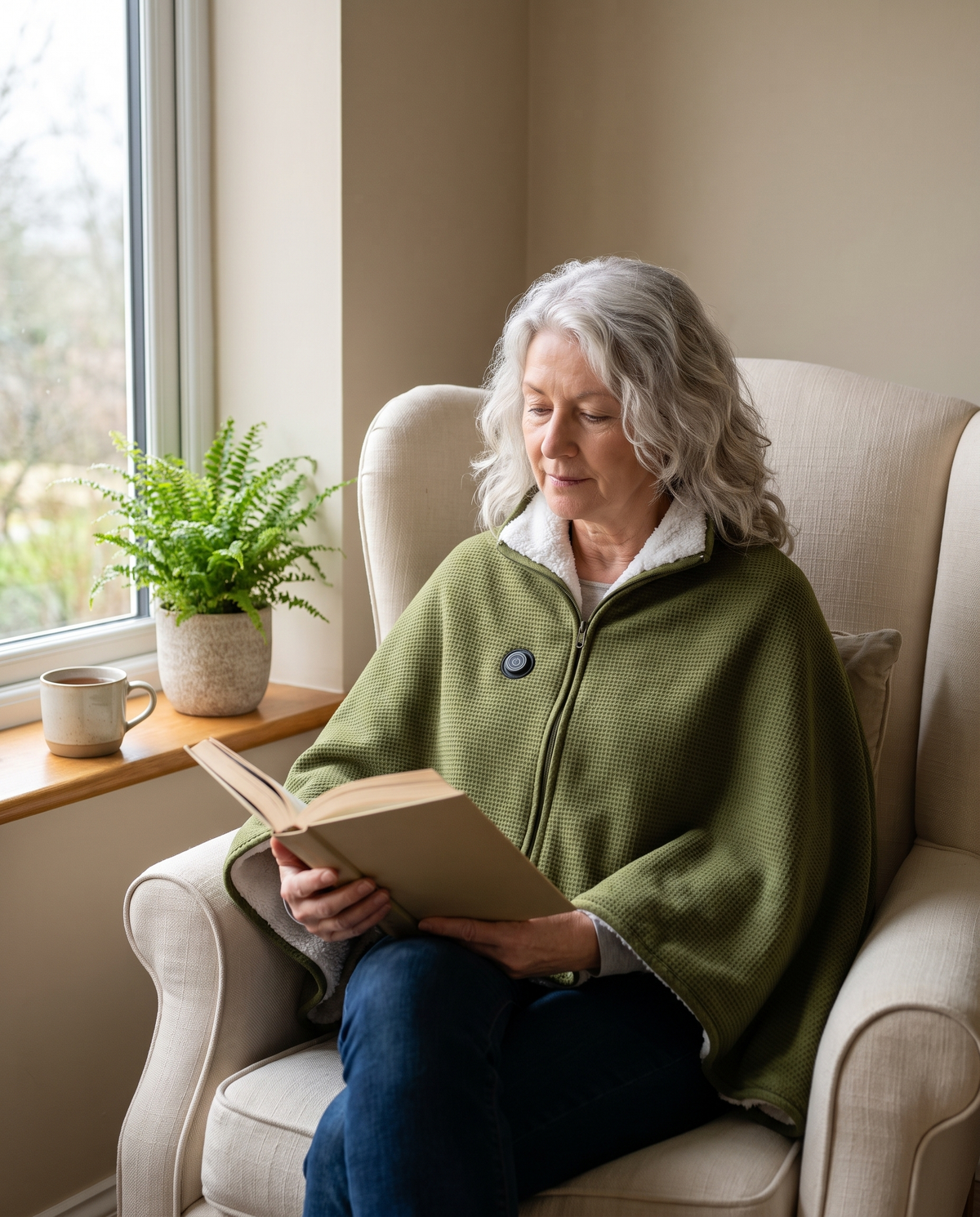 Woman reading in an armchair wearing the olive green heated blanket shawl