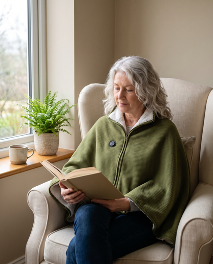 Woman reading in an armchair wearing the olive green heated blanket shawl