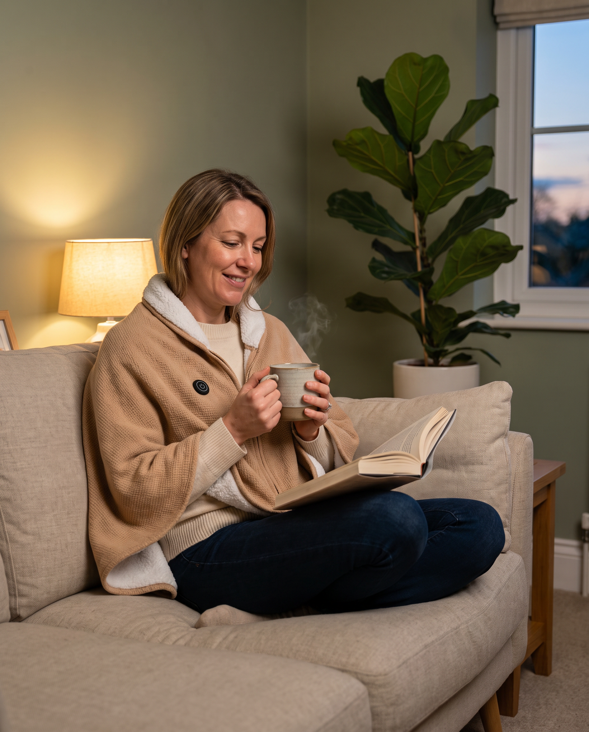 Woman relaxing on a sofa wearing the beige USB heated blanket shawl with a hot drink