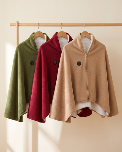 Heated wearable shawl in olive green, cranberry red and oatmeal beige on a clothes rail