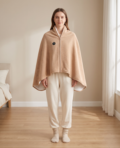 Full-length view of the 150 x 80 cm wearable heated shawl worn zipped up