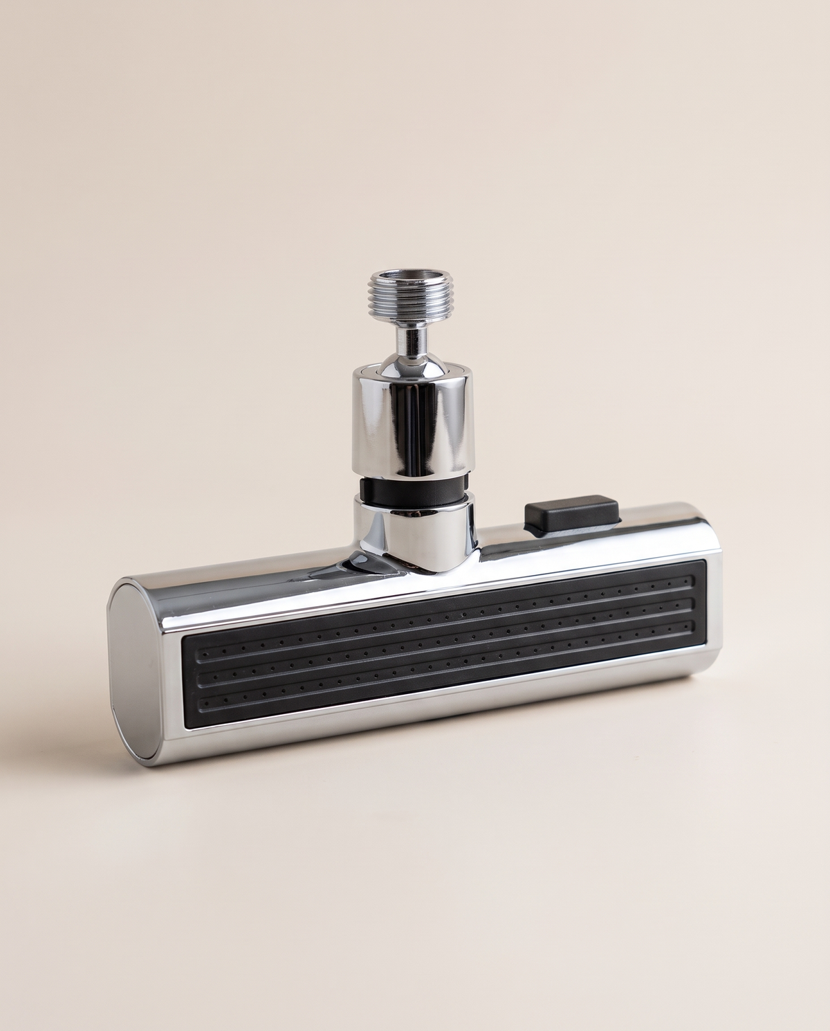 Waterfall kitchen tap attachment in chrome silver with black grille, swivel connector and mode button