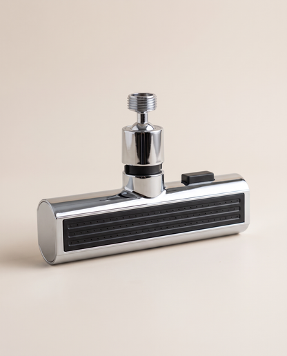 Waterfall kitchen tap attachment in chrome silver with black grille, swivel connector and mode button