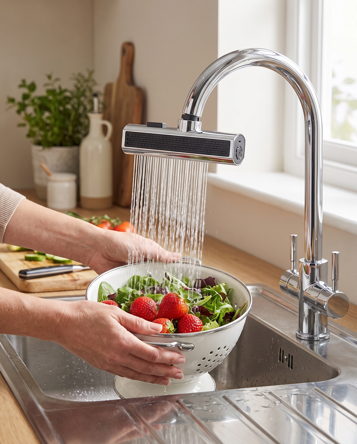 Woman rinsing strawberries and salad under the waterfall tap attachment's gentle rainfall spray