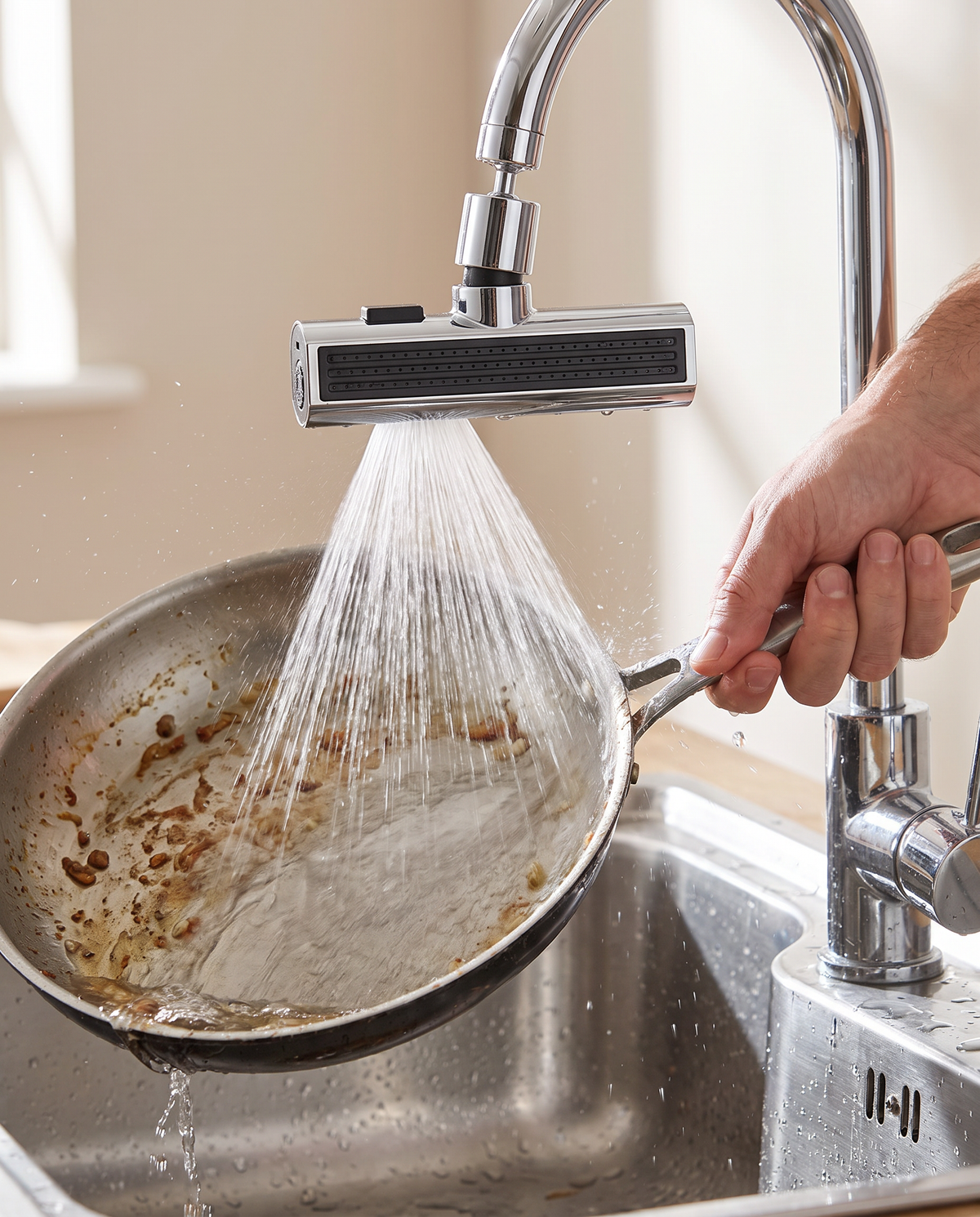 Waterfall tap attachment spraying water across a frying pan to rinse away food in the sink