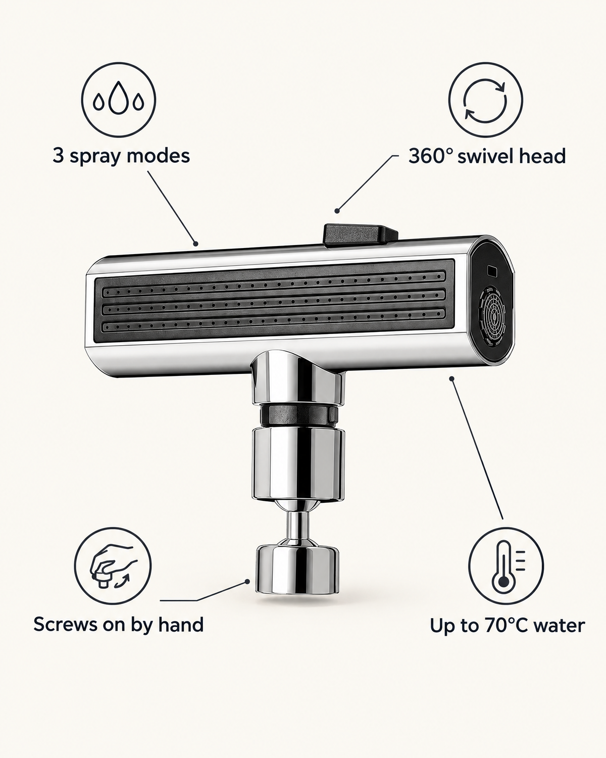 Waterfall kitchen tap attachment features: 3 spray modes, 360° swivel head, screws on by hand, up to 70°C water