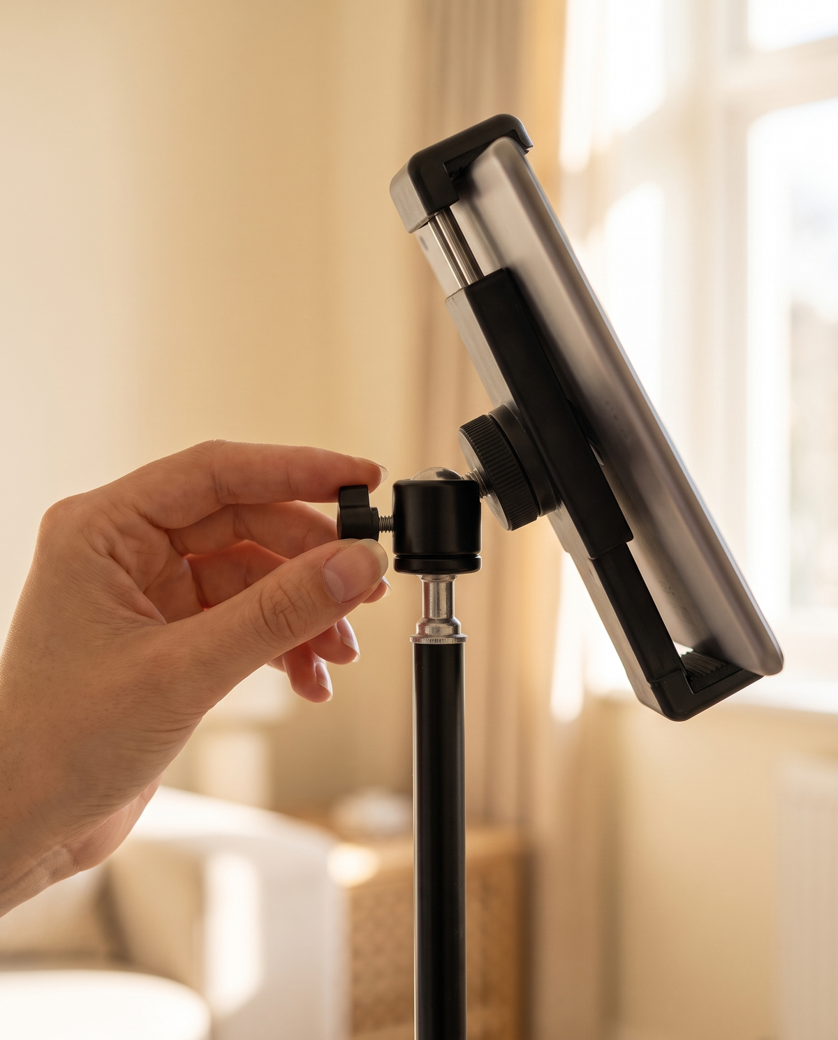 Hand adjusting the 360° ball head knob on the tablet floor stand to tilt the tablet clamp