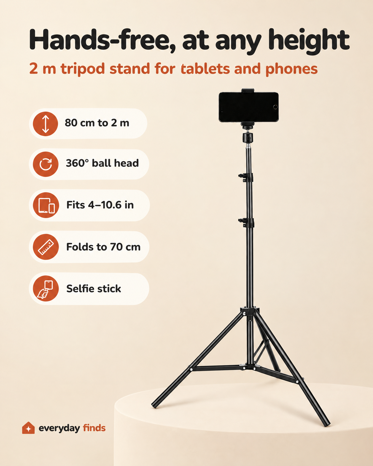 Tablet floor stand features: 80 cm to 2 m height, 360° ball head, fits 4–10.6 in, folds to 70 cm, selfie stick