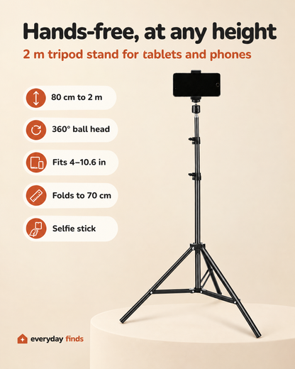 Tablet floor stand features: 80 cm to 2 m height, 360° ball head, fits 4–10.6 in, folds to 70 cm, selfie stick
