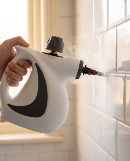 Close-up of the handheld steam cleaner nozzle steaming the grout between white bathroom tiles