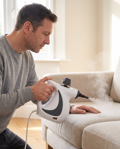 Man using the handheld steam cleaner on a fabric sofa cushion in a bright living room