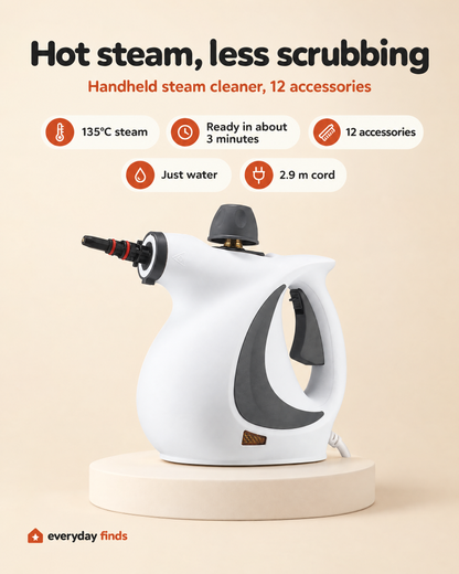 Handheld steam cleaner features: 135°C steam, ready in about 3 minutes, 12 accessories, just water, 2.9 m cord
