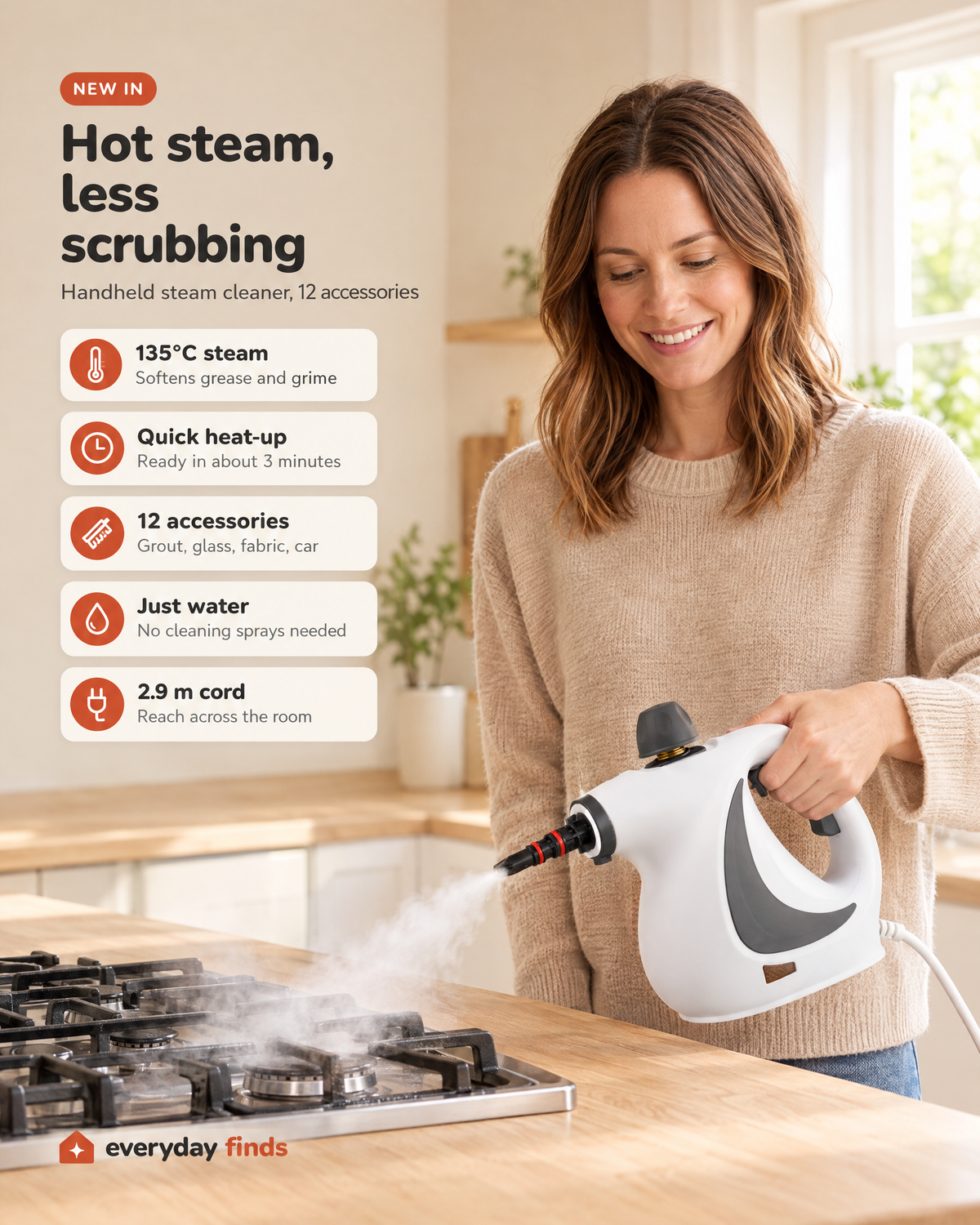 Woman steam cleaning a gas hob with the handheld steam cleaner, with feature icons: 135°C steam, quick heat-up, 12 accessories, just water, 2.9 m cord