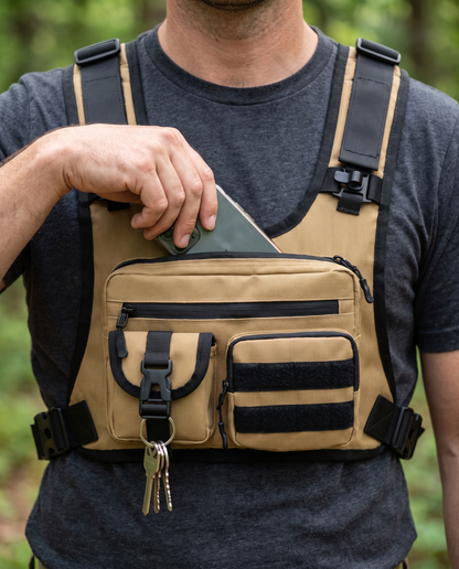 Close-up of a man sliding his phone into the zipped chest pocket of the khaki tactical chest rig