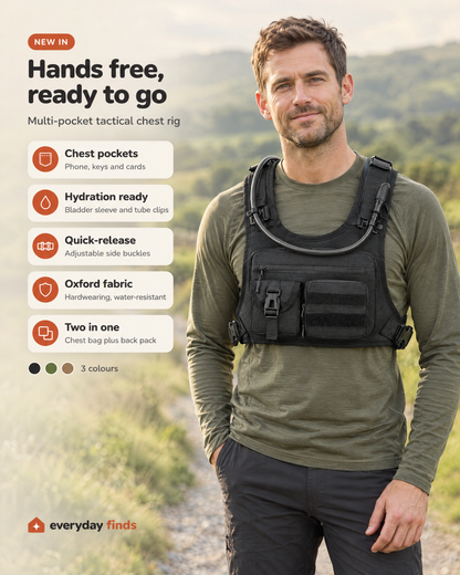 Man wearing the black tactical chest rig with drinking tube, with feature icons: chest pockets, hydration ready, quick-release, Oxford fabric