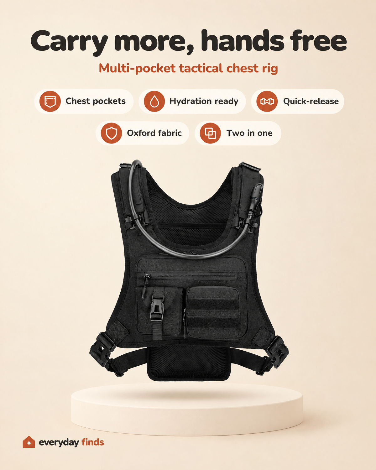 Tactical chest rig features: chest pockets, hydration ready, quick-release, Oxford fabric, two in one