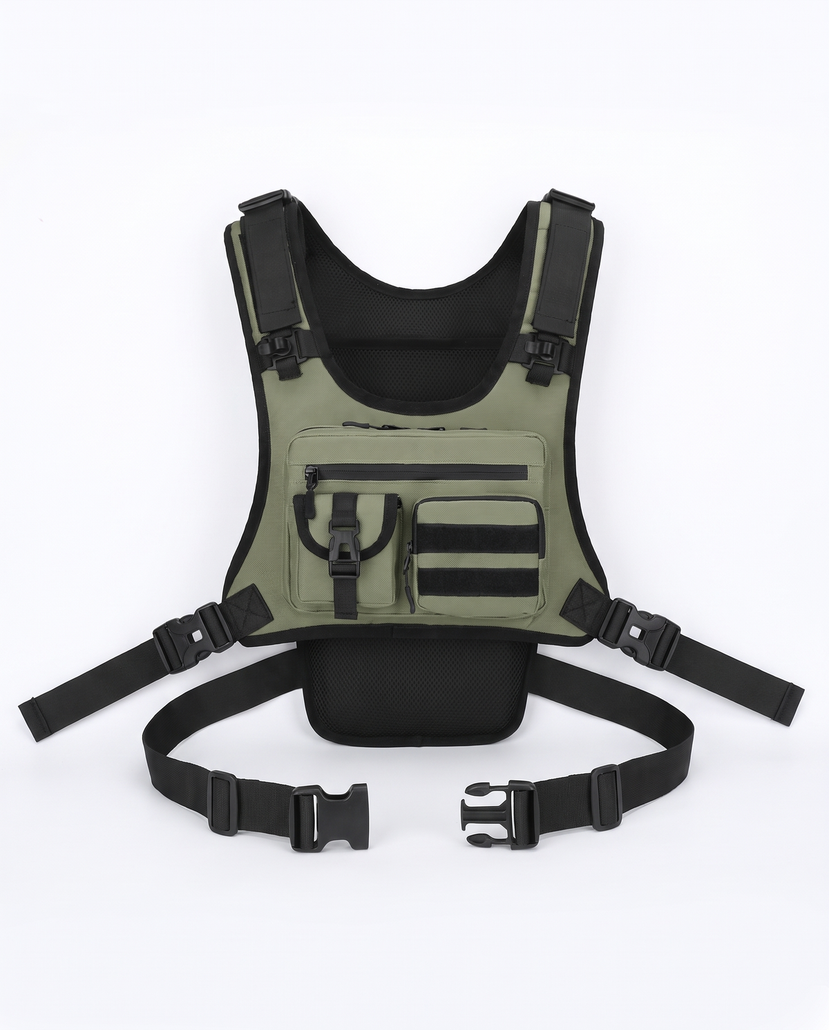 Tactical chest rig in army green, rig only, front view