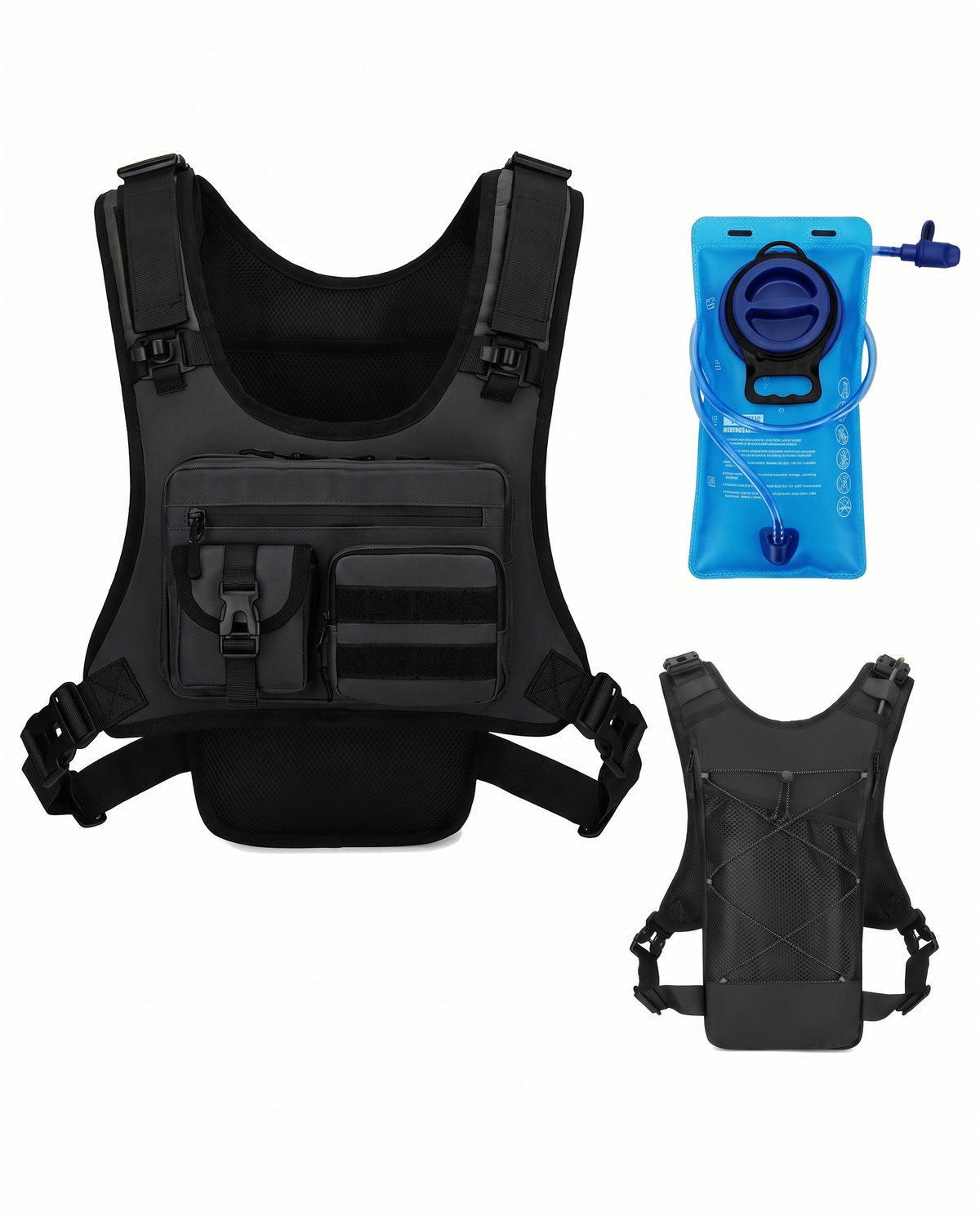 Black tactical chest rig with water bladder, front and back views