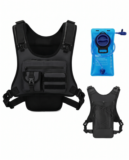 Black tactical chest rig with water bladder, front and back views