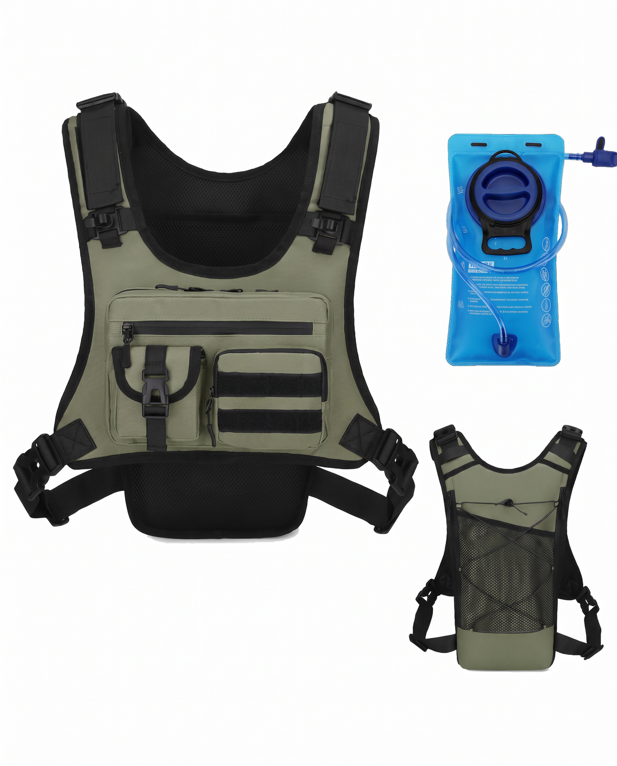 Army green tactical chest rig with water bladder, front and back views
