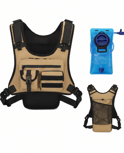 Khaki tactical chest rig with water bladder, front and back views