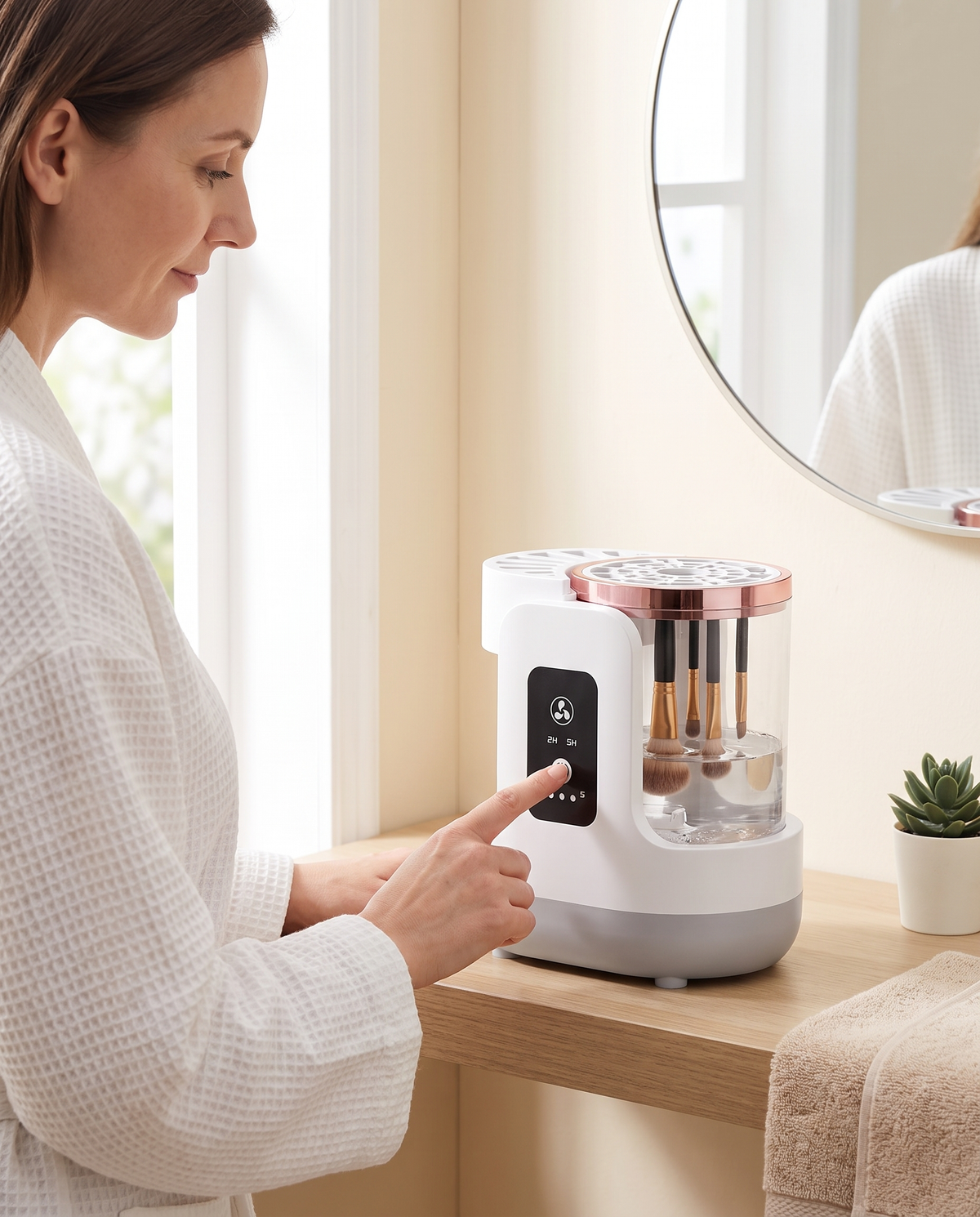 Woman pressing the one-touch button on the electric makeup brush cleaner at a bathroom vanity