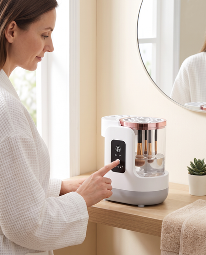 Woman pressing the one-touch button on the electric makeup brush cleaner at a bathroom vanity