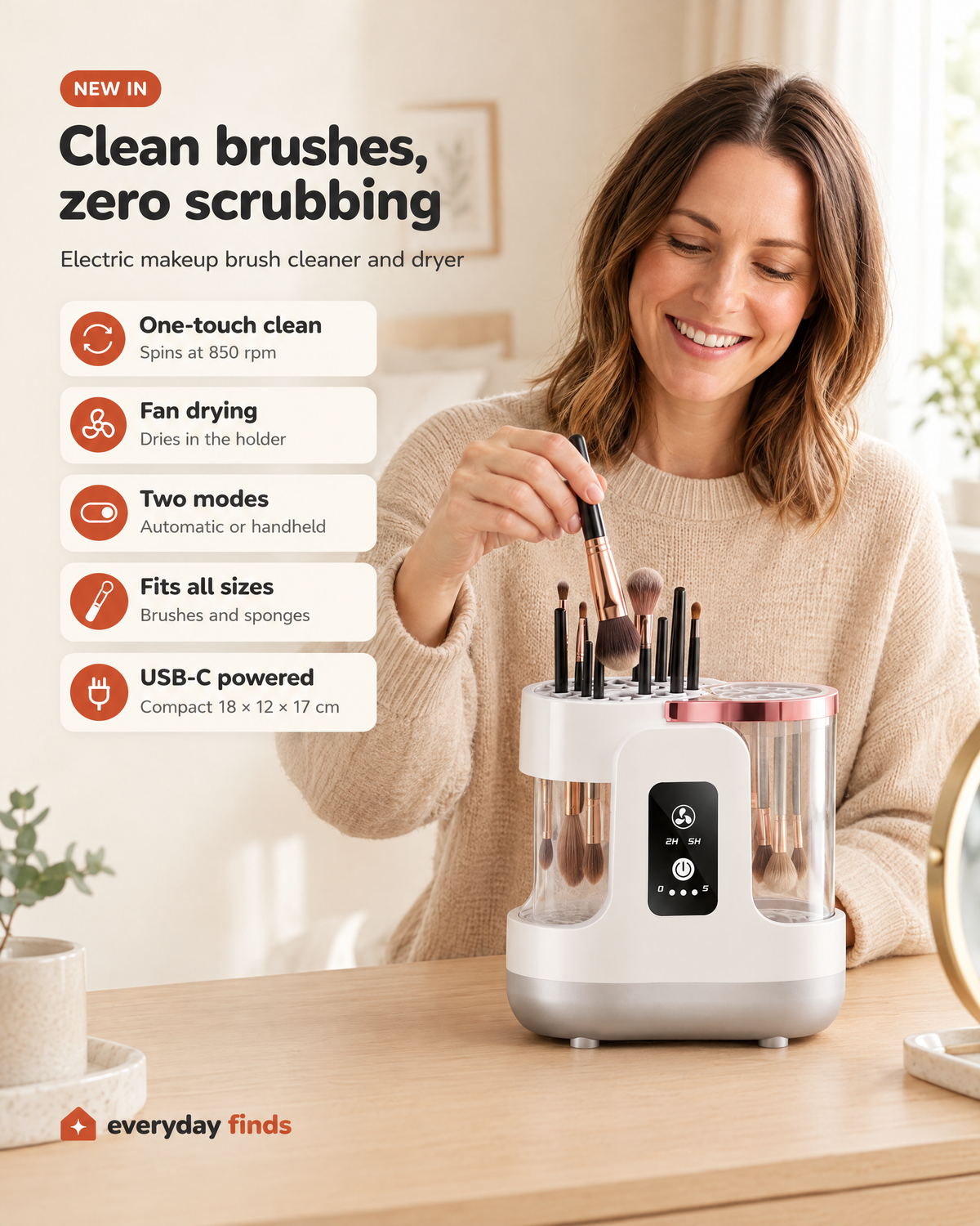 Woman slotting a brush into the electric makeup brush cleaner, with feature icons: one-touch clean, fan drying, two modes, fits all sizes, USB-C