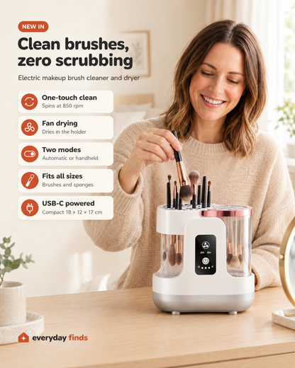 Woman slotting a brush into the electric makeup brush cleaner, with feature icons: one-touch clean, fan drying, two modes, fits all sizes, USB-C