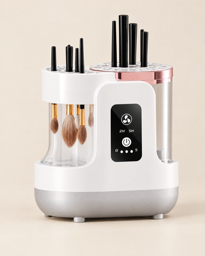 White electric makeup brush cleaner with clear spin bowl, rose-gold rim, drying chamber and touch control panel