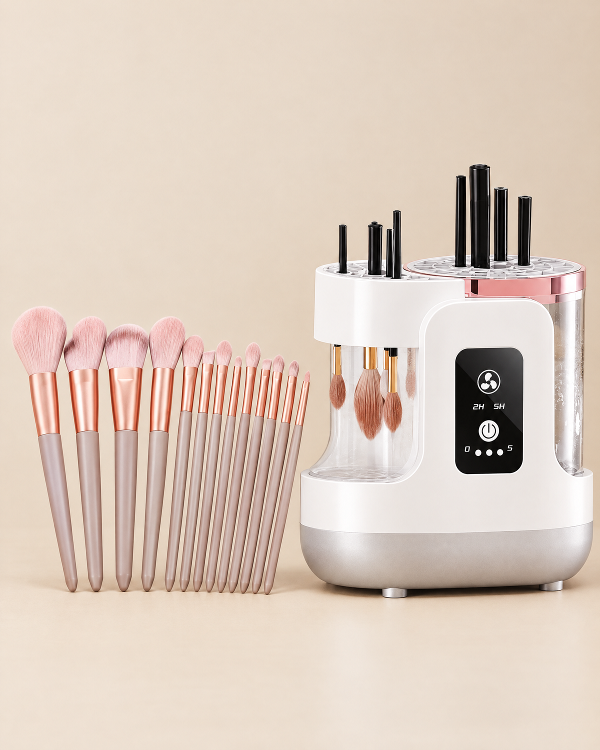 Electric makeup brush cleaner with the set of blush-pink makeup brushes included in the Cleaner + Brush Set option