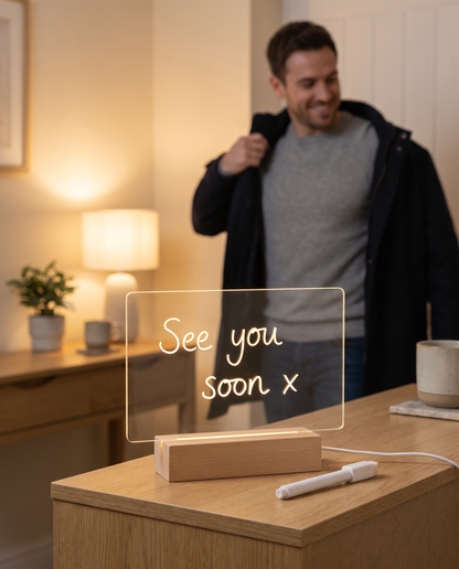 LED message board glowing with a 'See you soon x' note on a hallway table as a man heads out