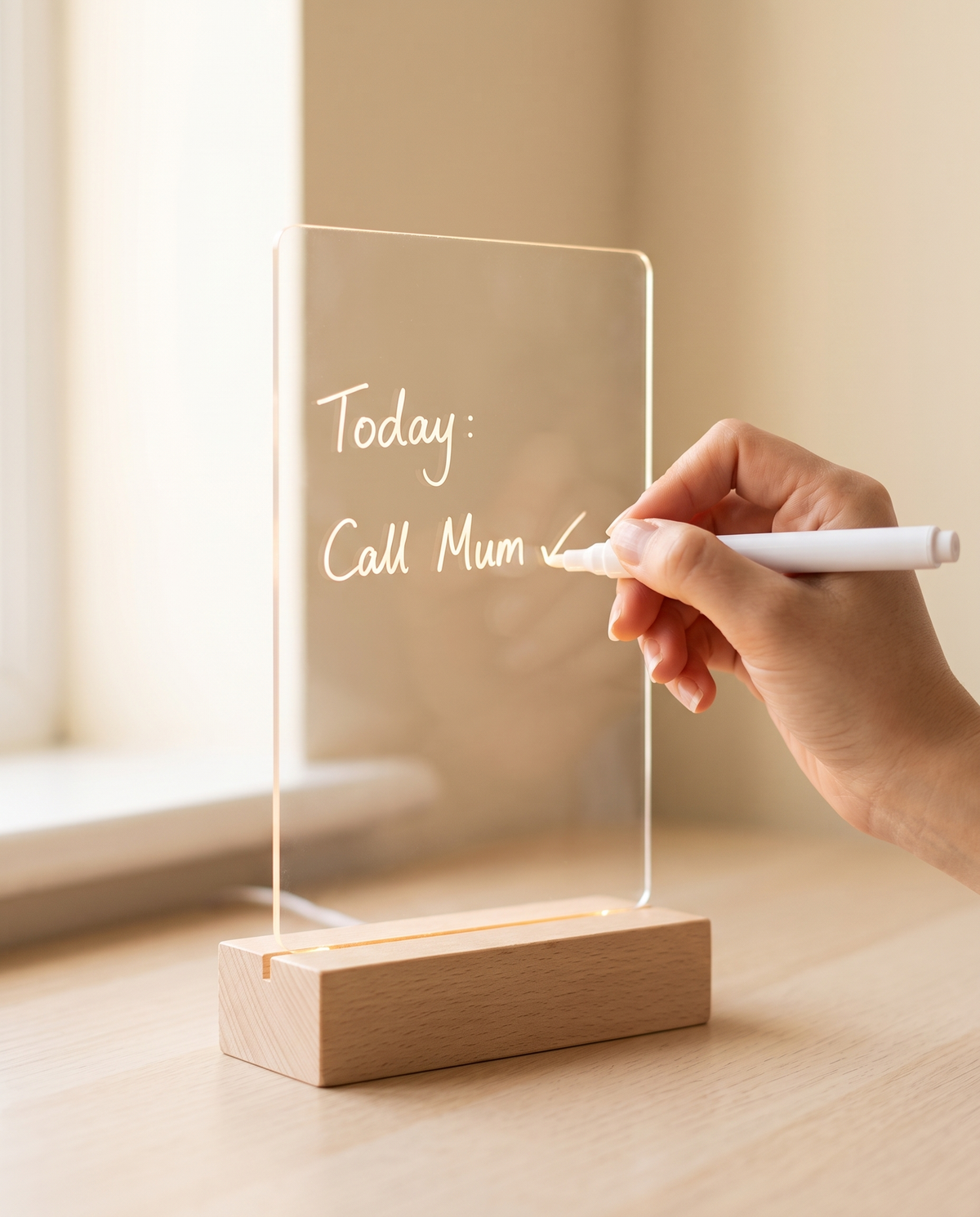 Hand writing a to-do note on the portrait LED message board night light with the white pen