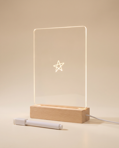 LED message board night light in tall portrait style with a glowing star doodle and white pen