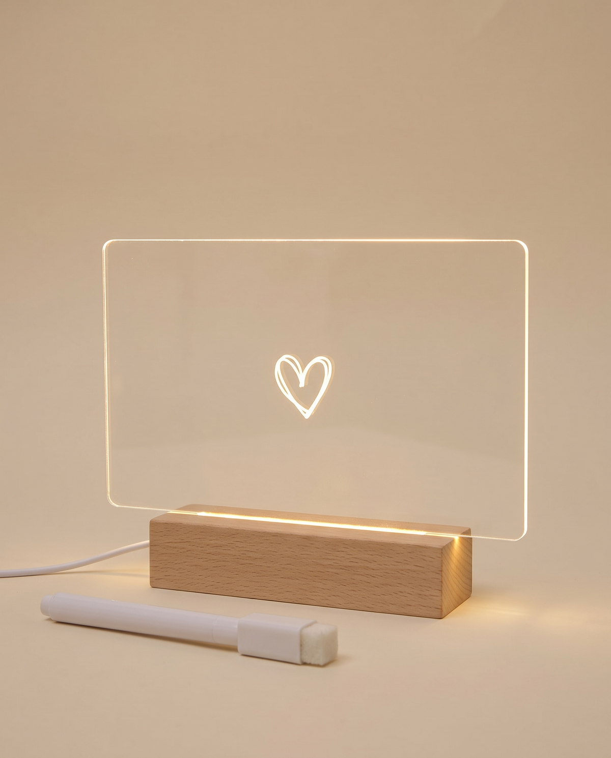 LED message board night light in landscape style with a glowing heart doodle, wood-effect base and white pen