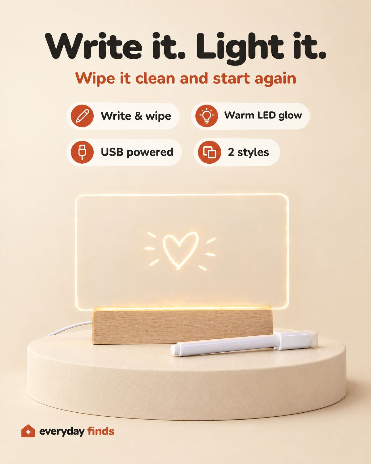 LED message board night light features: write & wipe, warm LED glow, USB powered, 2 styles
