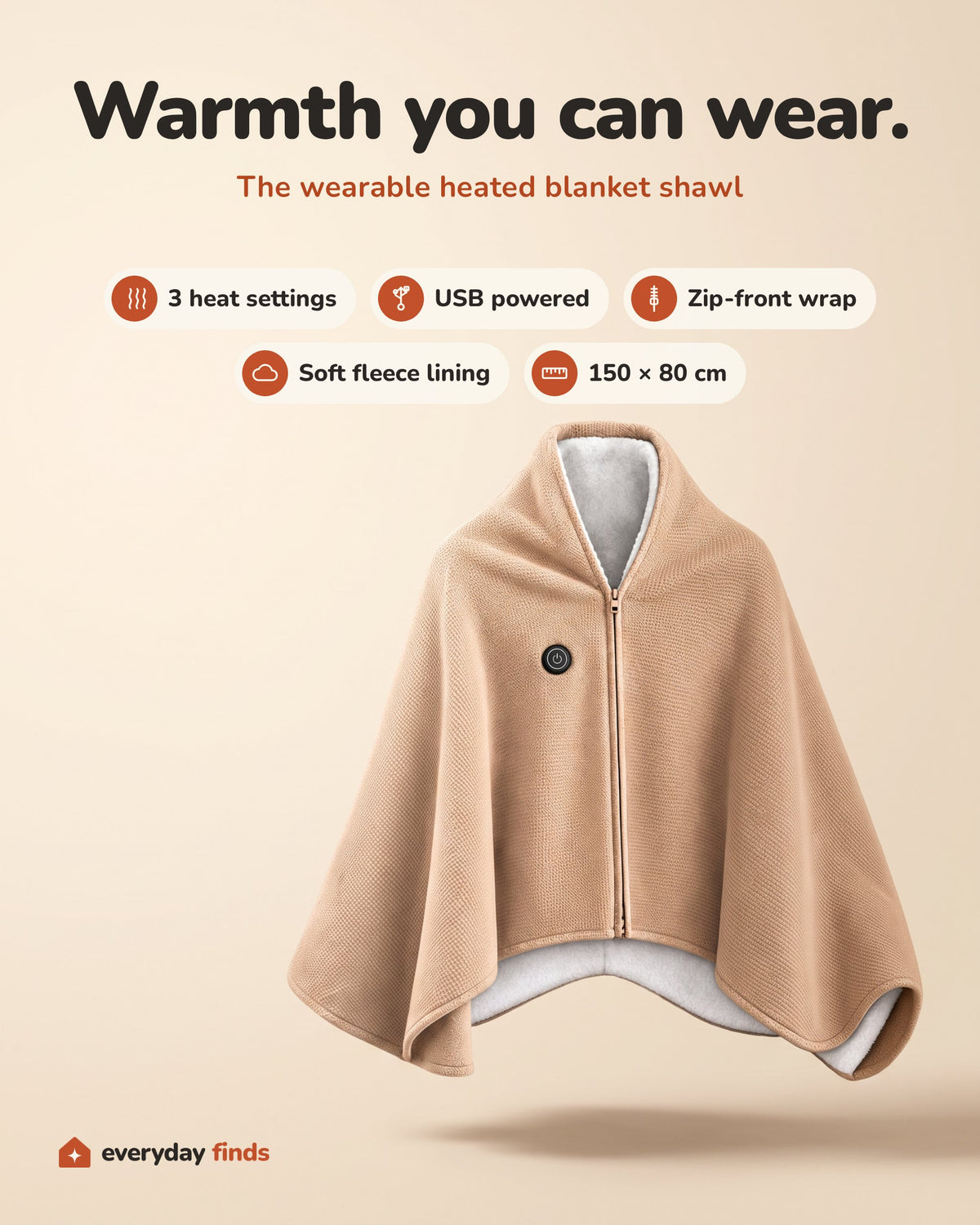 Wearable heated blanket shawl features: 3 heat settings, USB powered, zip-front wrap, soft fleece lining, 150 x 80 cm