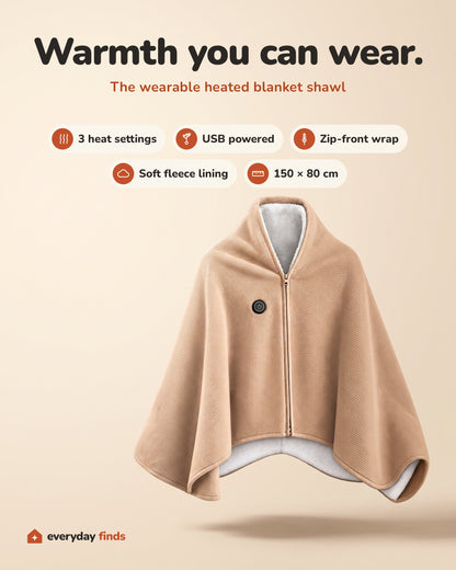 Wearable heated blanket shawl features: 3 heat settings, USB powered, zip-front wrap, soft fleece lining, 150 x 80 cm